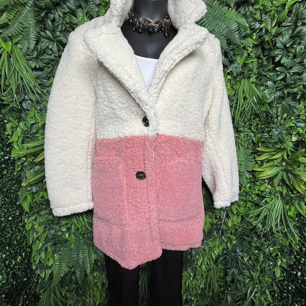 FRENCH CONNECTION Women Jacket XL Blazer Cream Pink Teddy Fleece Faux Fur NWT - Picture 2 of 10